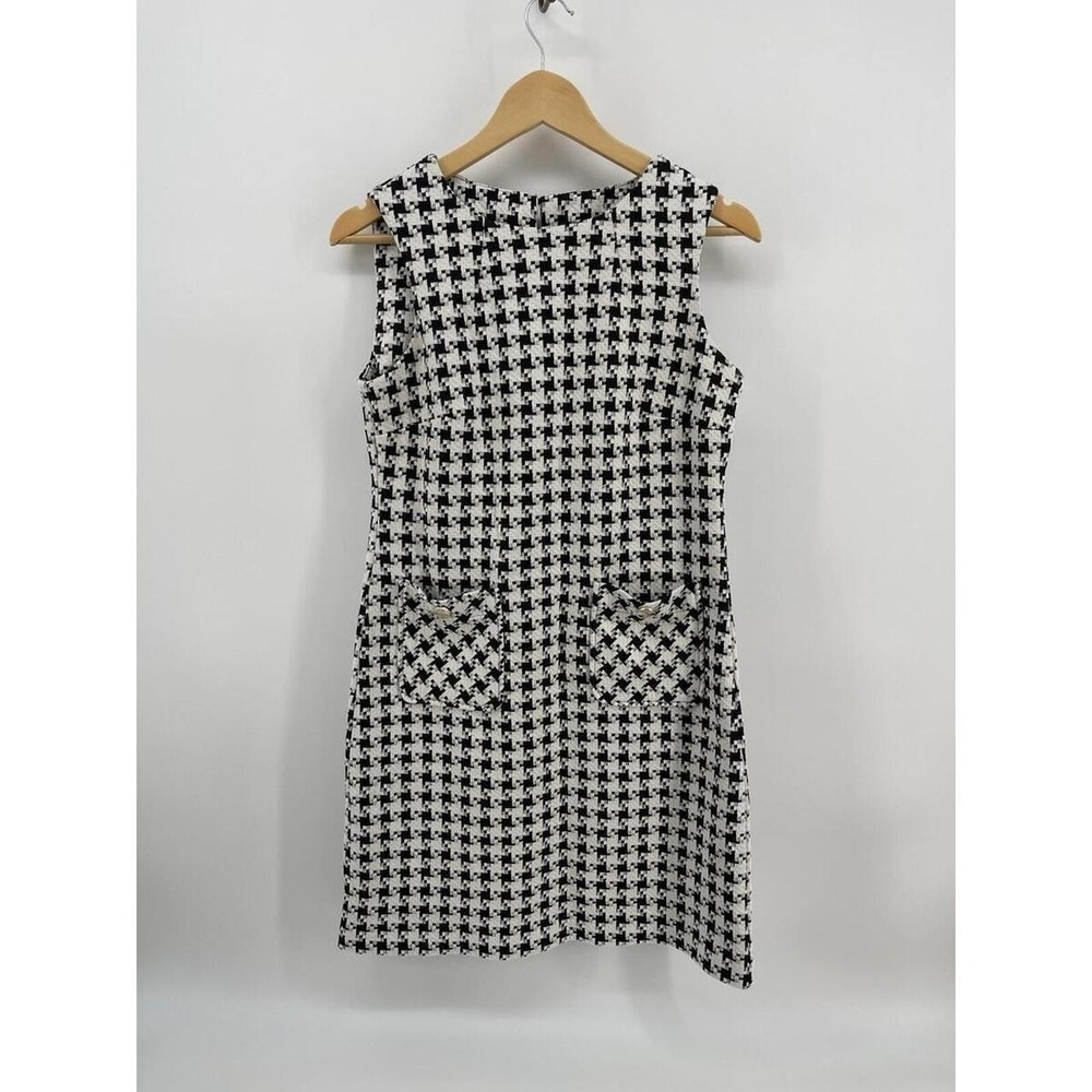 Tommy Hilfiger Womens Houndstooth Shift Dress Black White Pockets Size 4